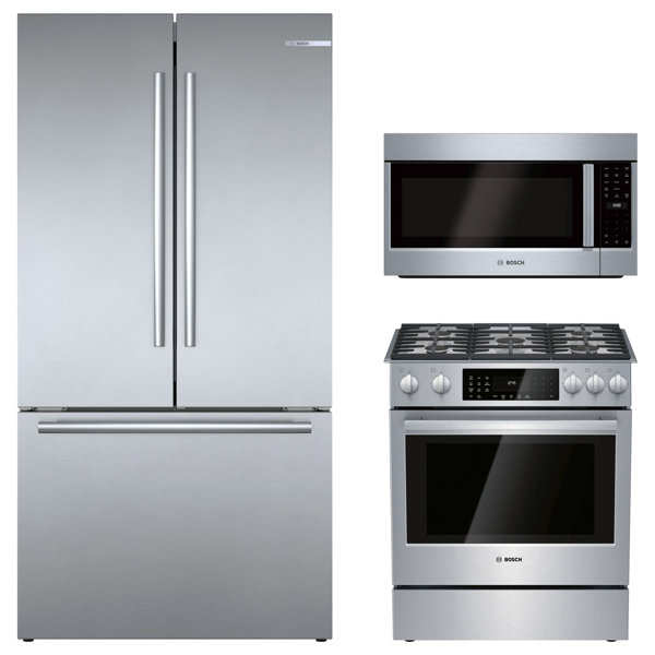 Bosch 800 Series 3 Piece Kitchen Package with French Door Refrigerator and 30" Slidein Dual